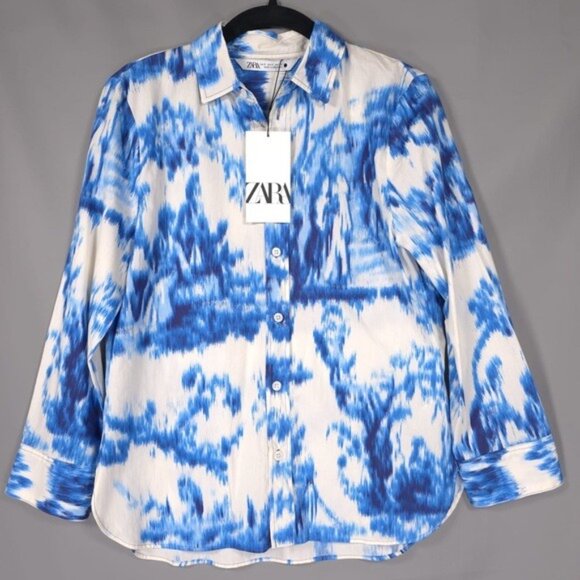 NWT ZARA Printed Poplin Button Up Shirt Blue White Women’s SMALL 3134/153/400 - Picture 4 of 12